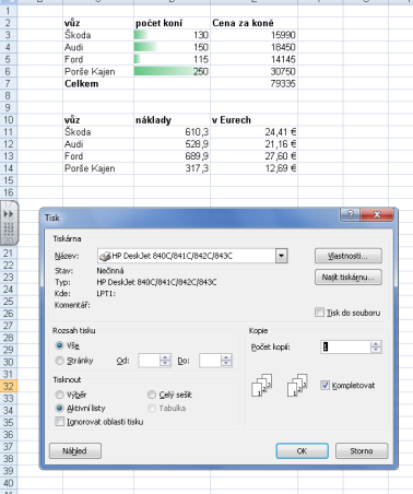 7.3. Tisk listu či sešitu Můžete vytisknout celé listy nebo pouze jejich část, a to buď jednotlivě nebo několik současně.