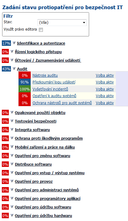 Výběr bezpečnostních opatření U navržených opatření identifikujeme jejich stav: ČÍSELNÍK STAVU OPATŘENÍ - ZAVEDENO - DOPORUČENO K REALIZACI - NÁVRH SE REALIZUJE -