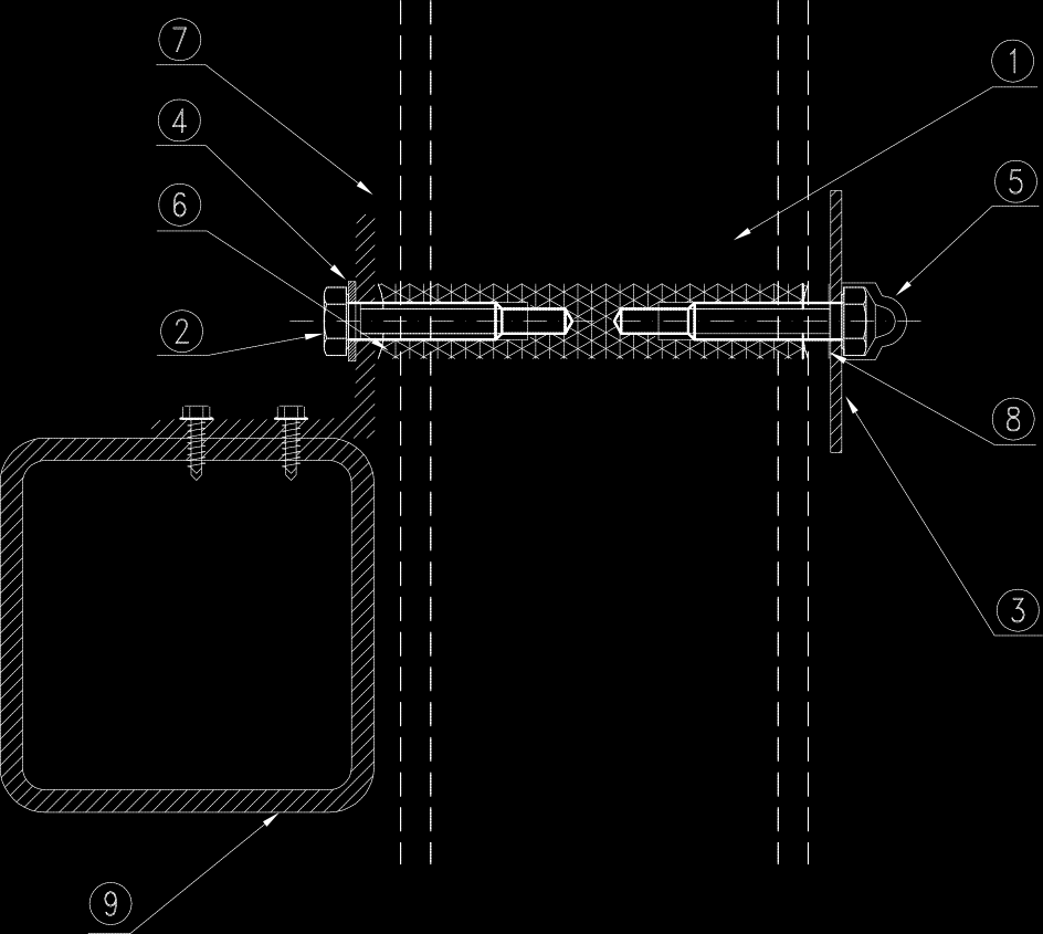 3.2. F07 Upevnění panelů k za horka válcovanému trámu pomocí izolačních polyamidových objímek 1. Panel BALEXTHERM-PU-F 2. Šroub M10x40 pozink 3.