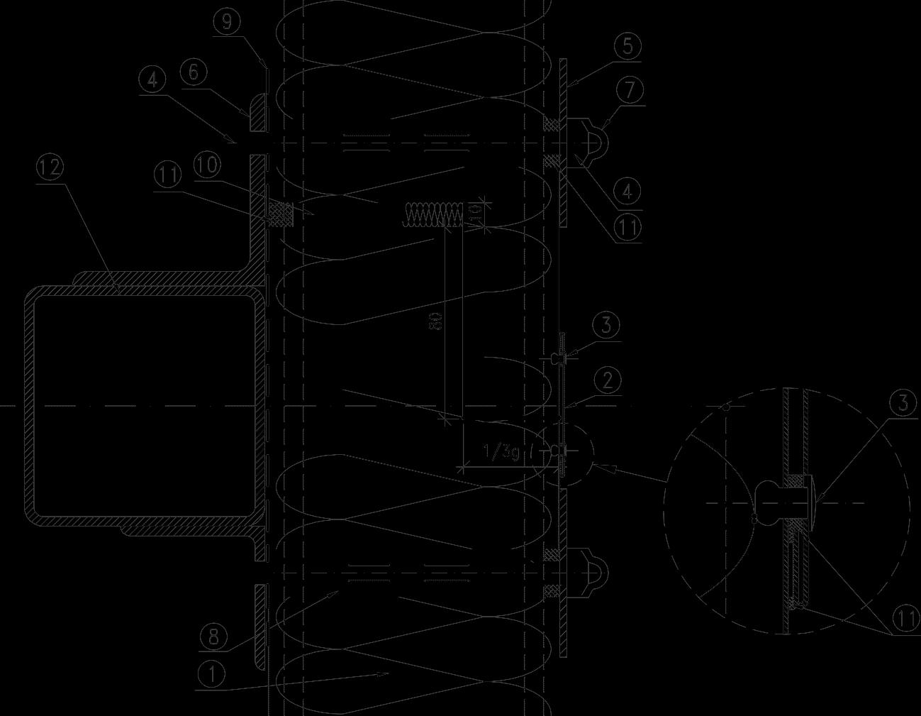 3.5. F10/1 Spojení stěnových panelů po délce. Průřez v místě upevnění ke stěnovému trámu Měřítko 2:1 1. Panel BALEXTHERM-PU-F 2. OBR 106 3. Jednostranný těsný nýt Ø4x10 Al/Fe 4. Šroub M10x40 pozink 5.