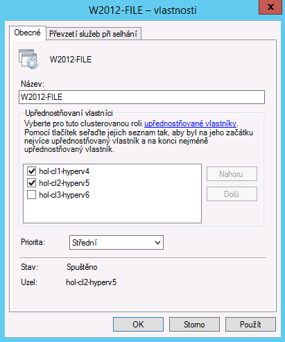 Obrázek 23 - Konfigurace clusteru ve Windows serveru 2012 R2 (zdroj: autor) Obrázek 24 - Konfigurace převzetí serveru v clusteru na Windows 2012 R2 (zdroj: autor) Je třeba vědět, že nás žádný cluster