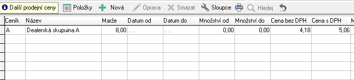 Po založení Ceníku je možné nastavit vzorec pro výpočet cen v ceníku (např. poslední nákupní cena x 1,08, nebo např. prodejní cena 1 ze skladové karty x 0,9 apod.).