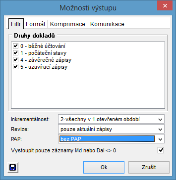 Na záložce Filtr je možné nastavit, jaké druhy dokladů budou vystoupeny.