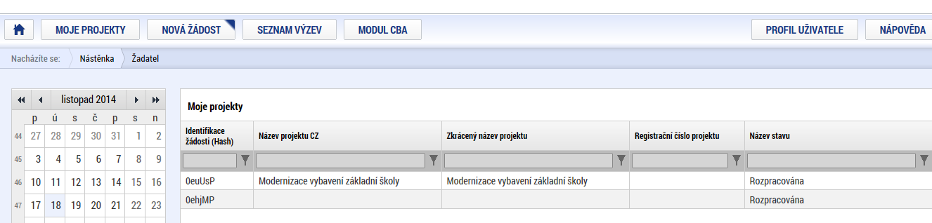 Snímek obrazovky s příkladem obsahu sekce Moje projekty Dalšími tlačítky (kromě Moje projekty) v horním menu jsou Seznam výzev a Modul CBA (pro OP PMP není CBA relevantní, žádosti o podporu z OP PMP
