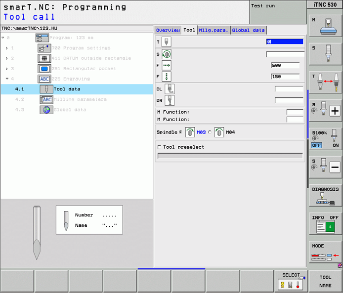 Unit 225 Rytí Parametry ve formuláři Přehled: Definice obrábění T: číslo nebo název nástroje (přepínatelné softtlačítkem). S: otáčky vřetena v [ot/min] nebo řezná rychlost [m/min].