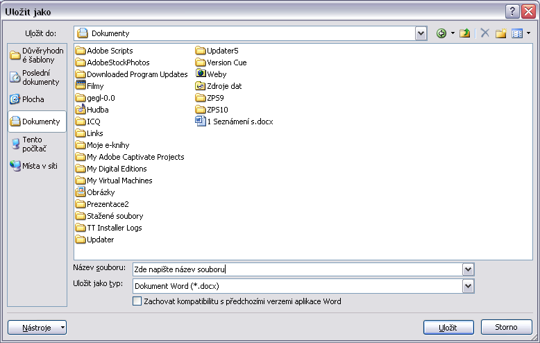 Důležité» Ukládáte-li dokument poprvé, zobrazí se dialogové okno Uložit jako (viz obrázek níže). Zde přiřaďte dokumentu název a určete, kde má být uložen.