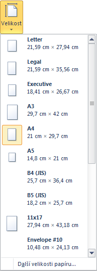 Příkaz Další velikosti papíru zobrazí dialog Vzhled stránky,