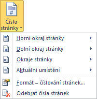 Příkazy Horní okraj stránky, Dolní okraj stránky, Okraje stránky ale i Aktuální umístění dále nabídnou škálu předdefinovaných podob číslování.