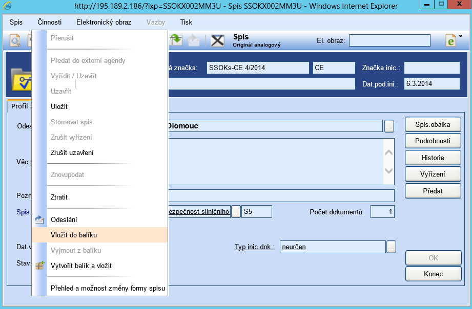 Na přehledu Aktivních dokumentu a spisů je také vidět informace o uložení dokumentu do balíku.
