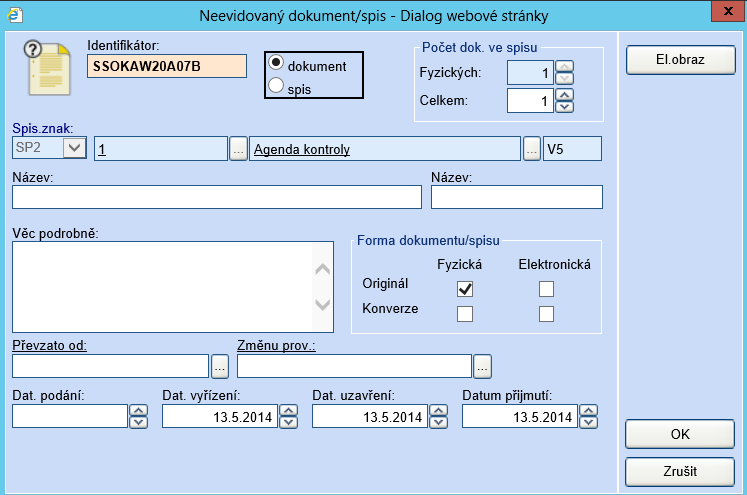 Následně na záložce obsah je možno do dokumentu vkládat neevidované dokumenty a spisy. Po stisknutí tlačítka Vložit neevid.