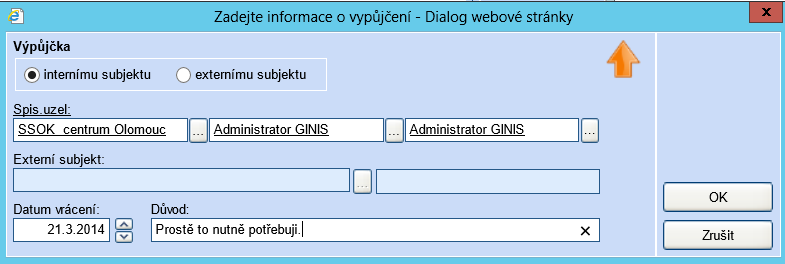 2.9 Práce s modulem SPI výpůjčky a správa výpůjček Kdekoliv na detailu balíku je možno balík vypůjčit a to interně nebo externě a řešit správu výpůjček.