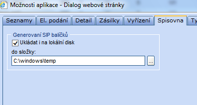 Nastavení složky pro generování a ukládání SIP balíčků v modulu SSD V modulu SSD v sekci Možnosti, je část Spisovna, kde je možné nastavit složku pro ukládání SIP balíčků na lokální disk. 3.