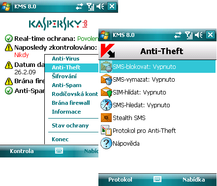 W I N D O W S M O B I L E A P L I K A C E K A S P E R S K Y M O B I L E S E C U R I T Y P R O M I C R O S O F T SMS-blokovat umožňuje přístroj zablokovat na pokyn uživatele.