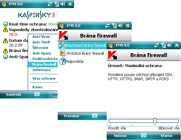 W I N D O W S M O B I L E A P L I K A C E K A S P E R S K Y M O B I L E S E C U R I T Y P R O M I C R O S O F T Chcete-li vybrat úroveň zabezpečení brány firewall, postupujte takto (viz obrázek