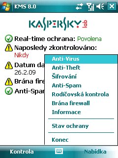 W I N D O W S M O B I L E A P L I K A C E K A S P E R S K Y M O B I L E S E C U R I T Y P R O M I C R O S O F T Záložka Anti-Virus obsahuje nastavení pro ochranu v reálném čase, kontrolu na vyžádání,