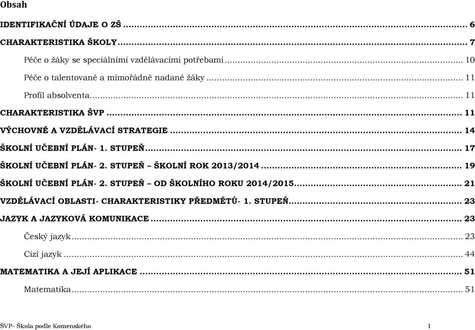 .. 14 ŠKOLNÍ UČEBNÍ PLÁN 1. STUPEŇ... 17 ŠKOLNÍ UČEBNÍ PLÁN 2. STUPEŇ ŠKOLNÍ ROK 2013/2014... 19 ŠKOLNÍ UČEBNÍ PLÁN 2. STUPEŇ OD ŠKOLNÍHO ROKU 2014/2015.