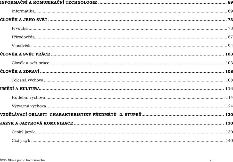 .. 108 UMĚNÍ A KULTURA... 114 Hudební výchova... 114 Výtvarná výchova.