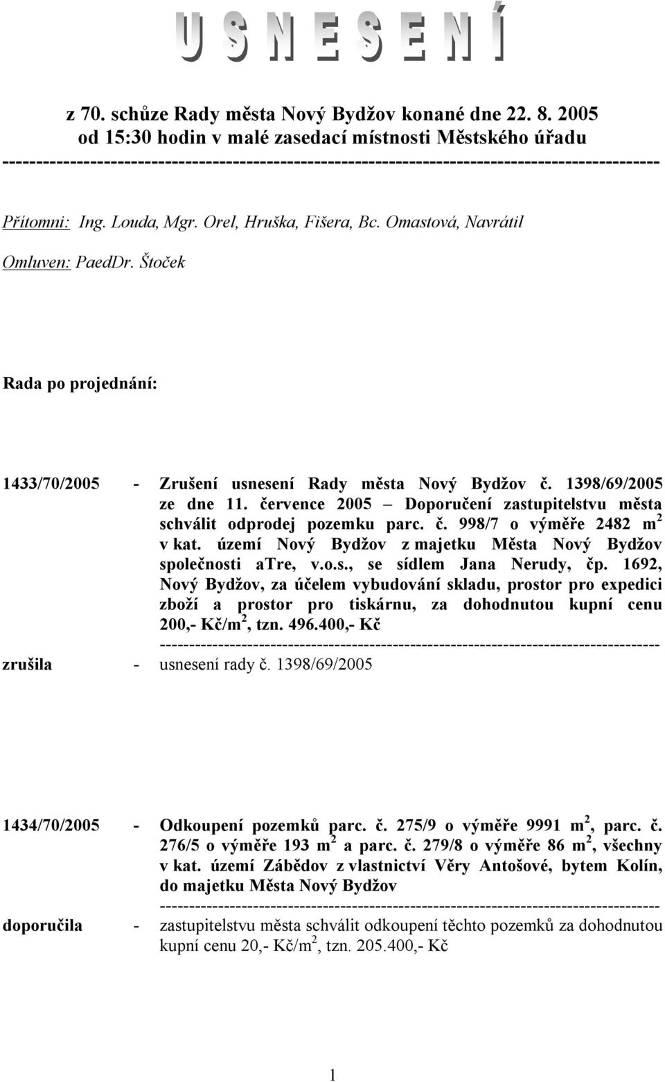 července 2005 Doporučení zastupitelstvu města schválit odprodej pozemku parc. č. 998/7 o výměře 2482 m 2 v kat. území Nový Bydžov z majetku Města Nový Bydžov společnosti atre, v.o.s., se sídlem Jana Nerudy, čp.