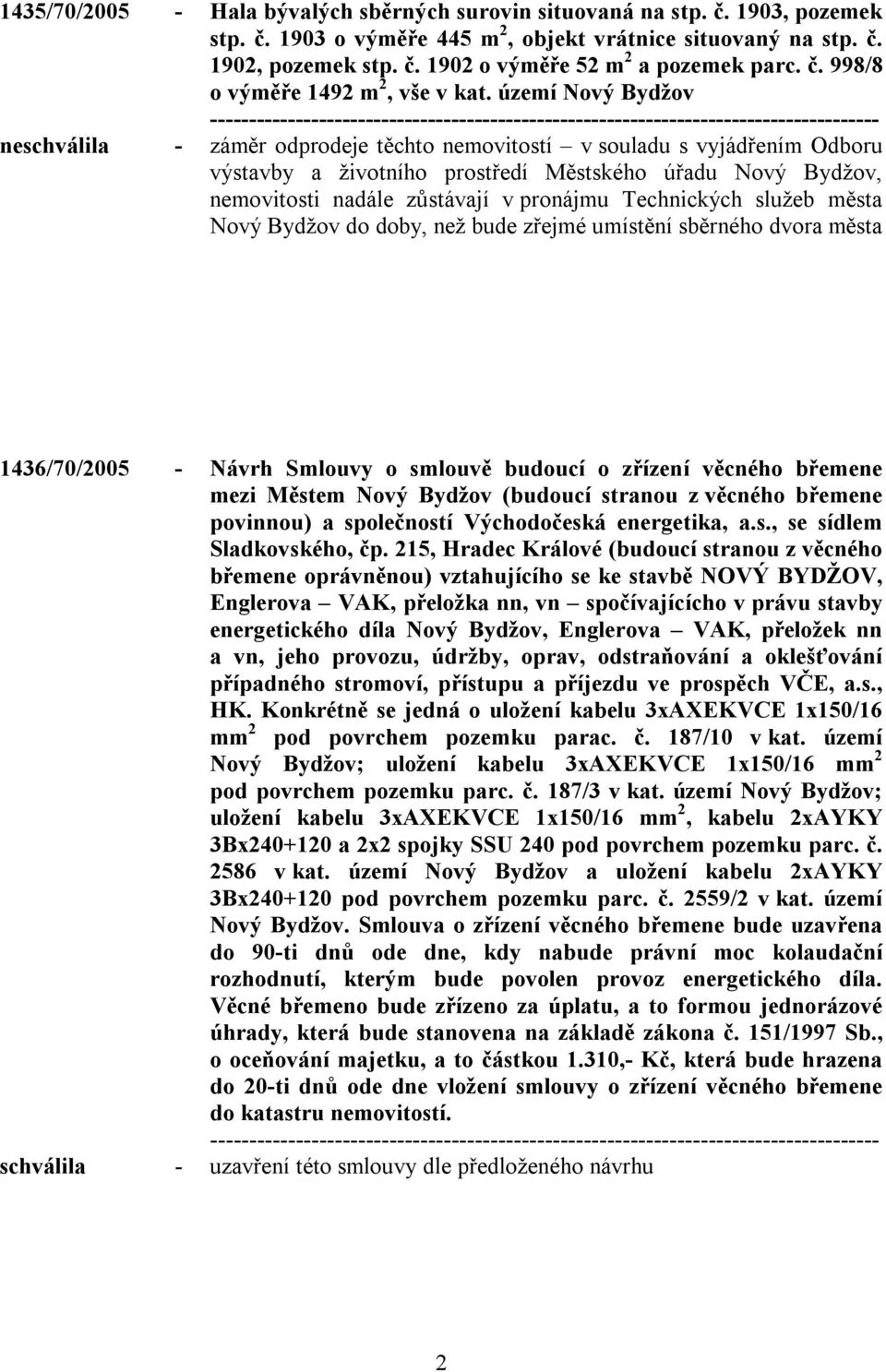 území Nový Bydžov neschválila - záměr odprodeje těchto nemovitostí v souladu s vyjádřením Odboru výstavby a životního prostředí Městského úřadu Nový Bydžov, nemovitosti nadále zůstávají v pronájmu