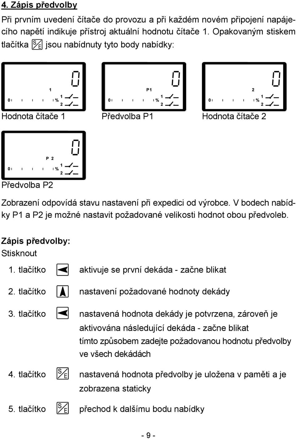 V bodech nabídky P a P je možné nastavit požadované velikosti hodnot obou předvoleb. Zápis předvolby: Stisknout. tlačítko aktivuje se první dekáda - začne blikat.