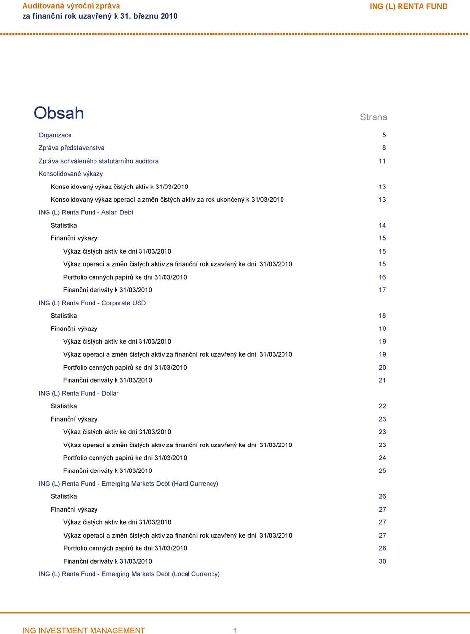 Výkaz operací a změn čistých aktiv za finanční rok uzavřený ke dni 31/03/2010 15 Portfolio cenných papírů ke dni 31/03/2010 16 Finanční deriváty k 31/03/2010 17 ING (L) Renta Fund Corporate USD