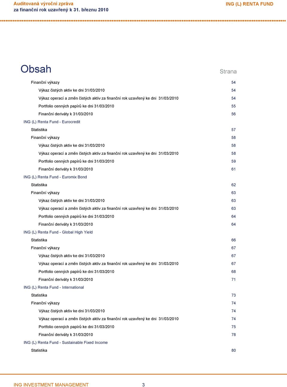 změn čistých aktiv za finanční rok uzavřený ke dni 31/03/2010 58 Portfolio cenných papírů ke dni 31/03/2010 59 Finanční deriváty k 31/03/2010 61 ING (L) Renta Fund Euromix Bond Statistika 62 Finanční