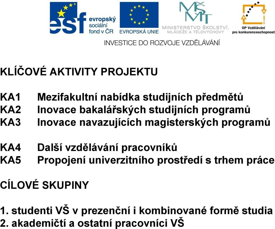 Další vzdělávání pracovníků Propojení univerzitního prostředí s trhem práce CÍLOVÉ