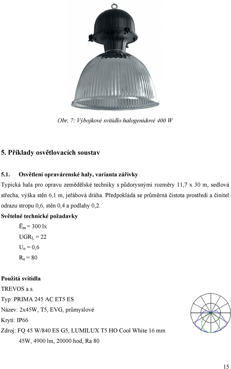 6,1 m, jeřábová dráha. Předpokládá se průměrná čistota prostředí a činitel odrazu stropu 0,6, stěn 0,4 a podlahy 0,2.