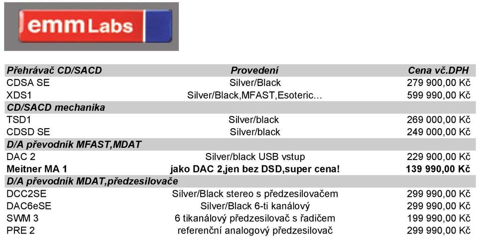 Silver/black 249 000,00 Kč D/A převodník MFAST,MDAT DAC 2 Silver/black USB vstup 229 900,00 Kč Meitner MA 1 jako DAC 2,jen bez DSD,super cena!