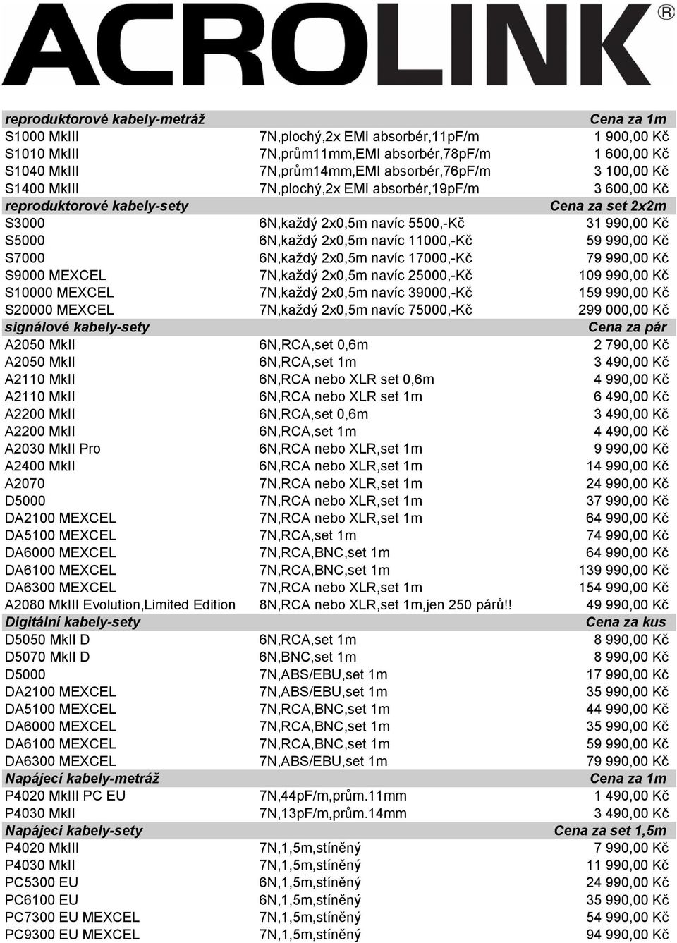 59 990,00 Kč S7000 6N,každý 2x0,5m navíc 17000,-Kč 79 990,00 Kč S9000 MEXCEL 7N,každý 2x0,5m navíc 25000,-Kč 109 990,00 Kč S10000 MEXCEL 7N,každý 2x0,5m navíc 39000,-Kč 159 990,00 Kč S20000 MEXCEL