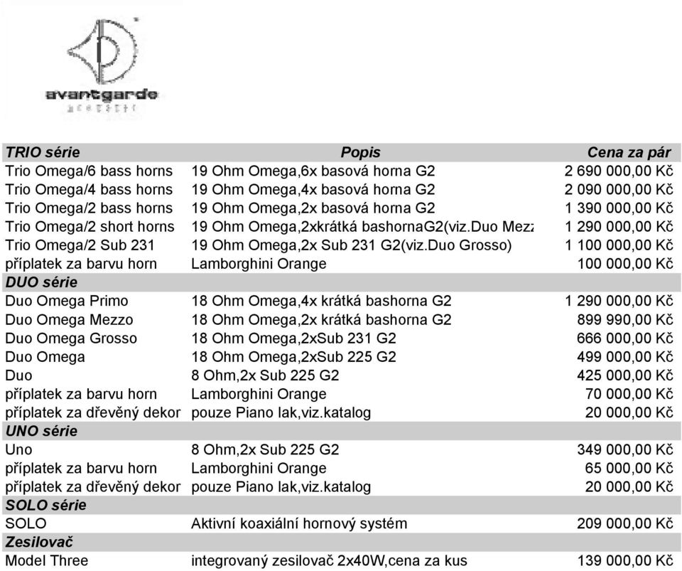 Duo Grosso) 1 100 000,00 Kč příplatek za barvu horn Lamborghini Orange 100 000,00 Kč DUO série Duo Omega Primo 18 Ohm Omega,4x krátká bashorna G2 1 290 000,00 Kč Duo Omega Mezzo 18 Ohm Omega,2x