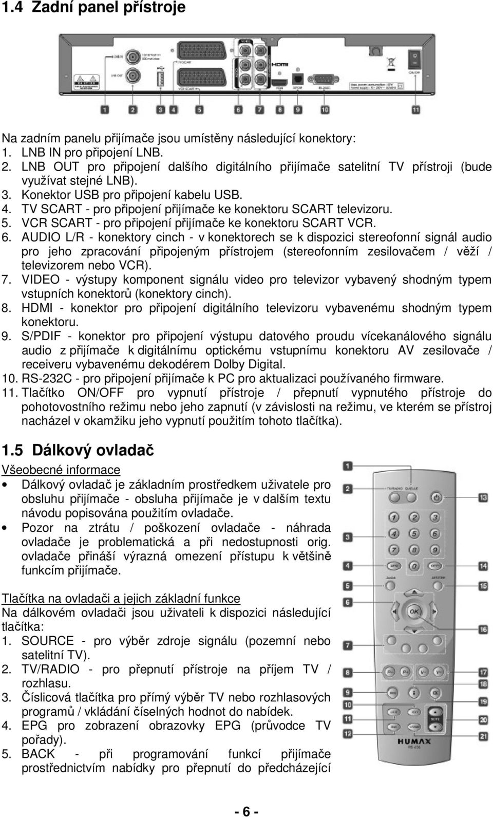 TV SCART - pro připojení přijímače ke konektoru SCART televizoru. 5. VCR SCART - pro připojení přijímače ke konektoru SCART VCR. 6.