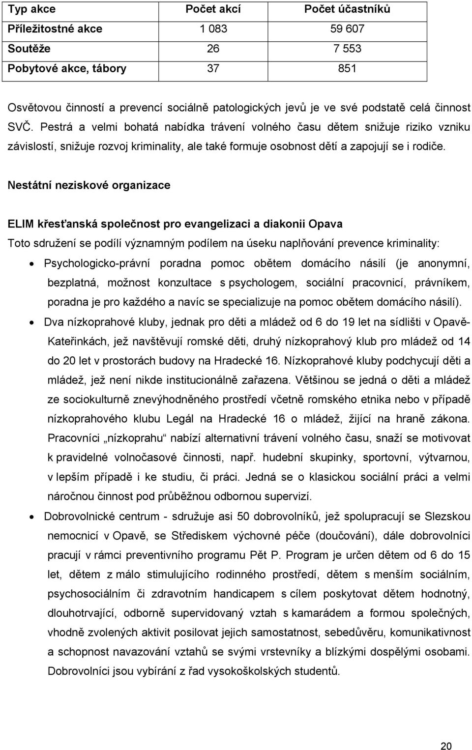 Nestátní neziskové organizace ELIM křesťanská společnost pro evangelizaci a diakonii Opava Toto sdružení se podílí významným podílem na úseku naplňování prevence kriminality: Psychologicko-právní