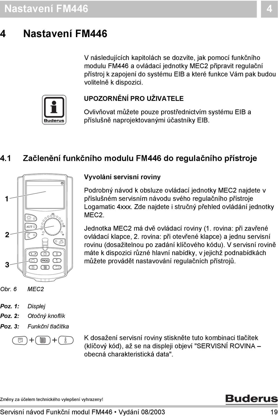 1 Začlenění funkčního modulu FM446 do regulačního přístroje Vyvolání servisní roviny 1 2 3 Podrobný návod k obsluze ovládací jednotky MEC2 najdete v příslušném servisním návodu svého regulačního