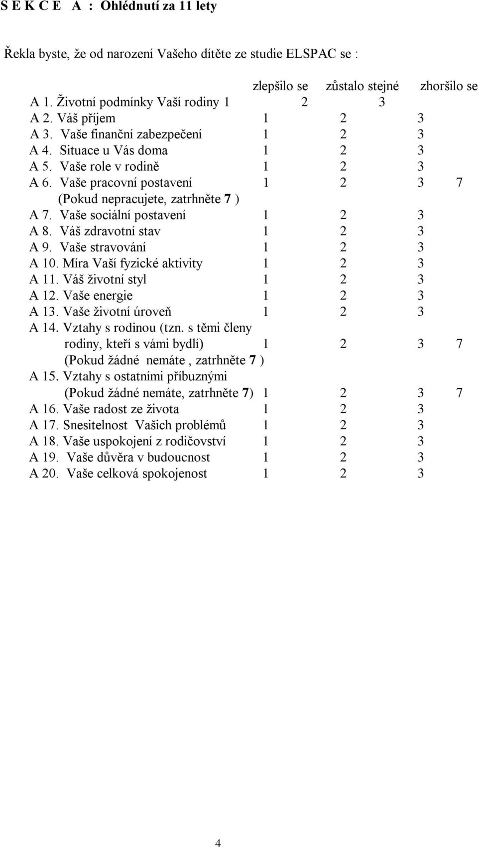 Vaše sociální postavení 1 2 3 A 8. Váš zdravotní stav 1 2 3 A 9. Vaše stravování 1 2 3 A 10. Míra Vaší fyzické aktivity 1 2 3 A 11. Váš životní styl 1 2 3 A 12. Vaše energie 1 2 3 A 13.