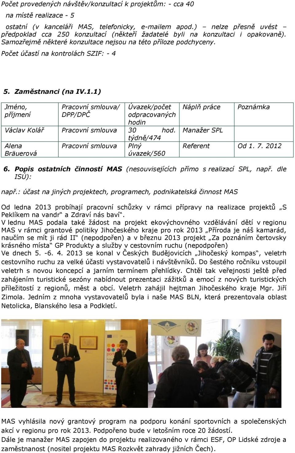 Počet účastí na kontrolách SZIF: - 4 5. Zaměstnanci (na IV.1.1) Jméno, příjmení Pracovní smlouva/ DPP/DPČ Úvazek/počet odpracovaných hodin Václav Kolář Pracovní smlouva 30 hod.