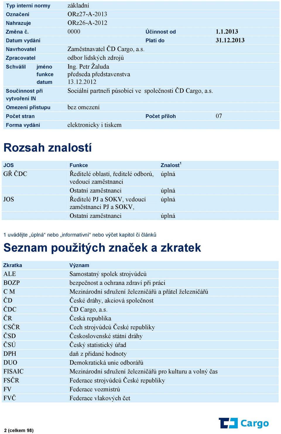 i tiskem Rozsah znalostí JOS Funkce Znalost 1 GŘ ČDC Ředitelé oblastí, ředitelé odborů, úplná vedoucí zaměstnanci Ostatní zaměstnanci úplná JOS Ředitelé PJ a SOKV, vedoucí úplná zaměstnanci PJ a