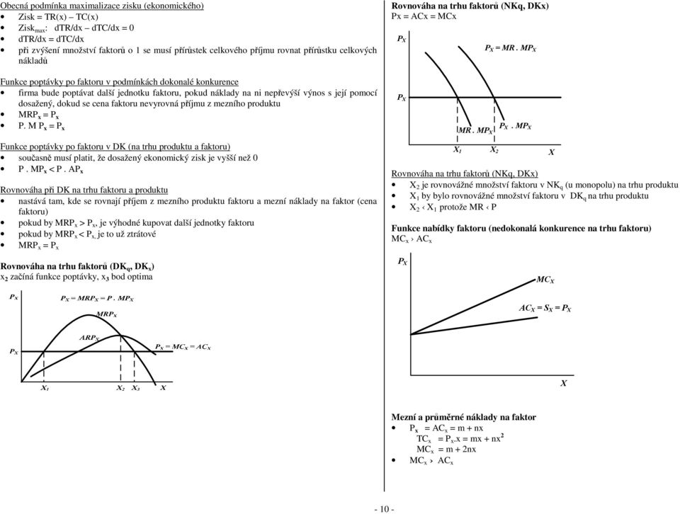 faktoru nevyrovná příjmu z mezního produktu MR x x. M x x Funkce poptávky po faktoru v DK (na trhu produktu a faktoru) současně musí platit, že dosažený ekonomický zisk je vyšší než 0. M x <.