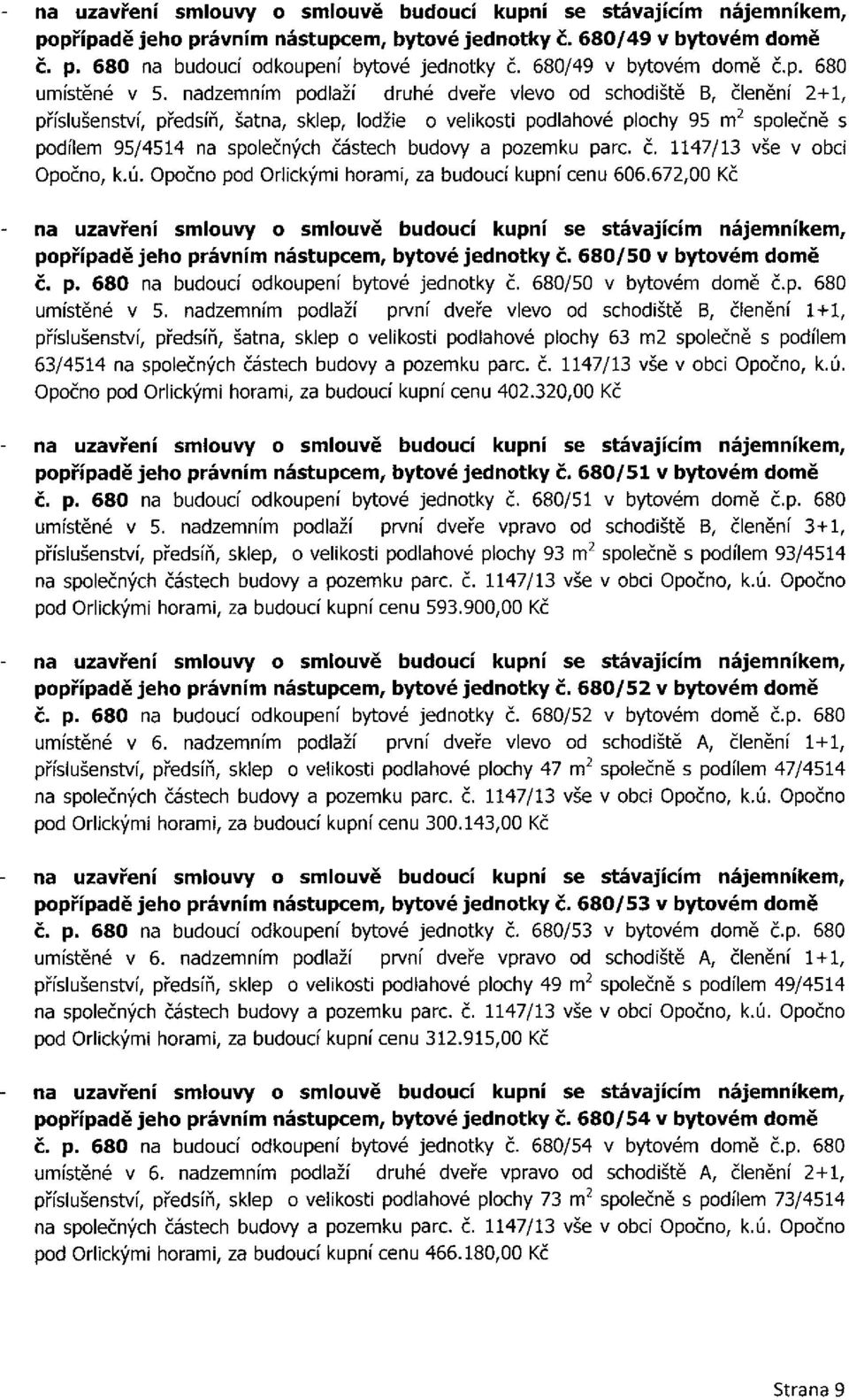 Opočno pod Orlickými horami, za budo ucí kupní cenu 606.672,00 Kč popřípadě jeho právním nástupcem, bytové jednotky č. 680/50 v bytovém domě č. p. 680 na budoucí odkoupení bytové jednotky č.