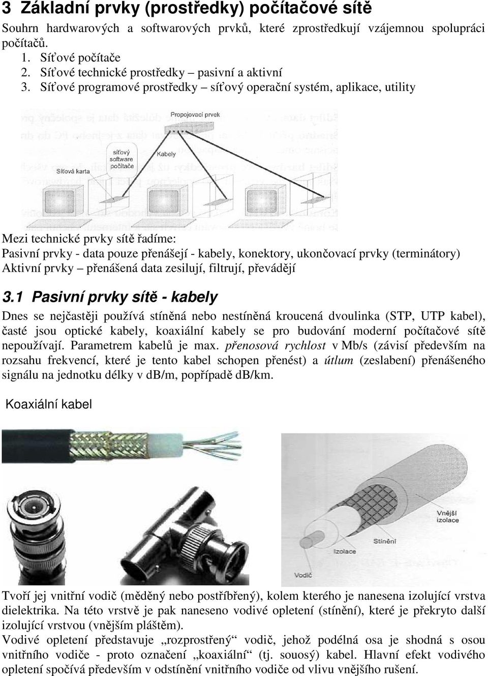 Síťové programové prostředky síťový operační systém, aplikace, utility Mezi technické prvky sítě řadíme: Pasivní prvky - data pouze přenášejí - kabely, konektory, ukončovací prvky (terminátory)