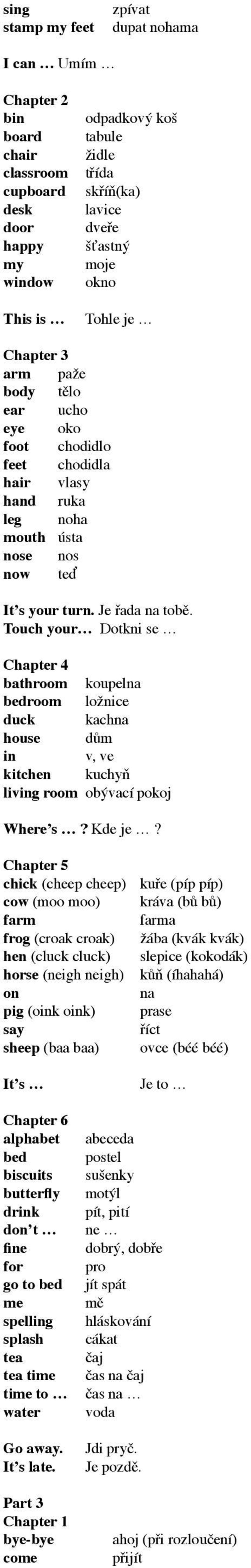 Touch your Dotkni se bathroom koupelna bedroom ložnice duck kachna house dům in v, ve kitchen kuchyň living room obývací pokoj Where s? Kde je?