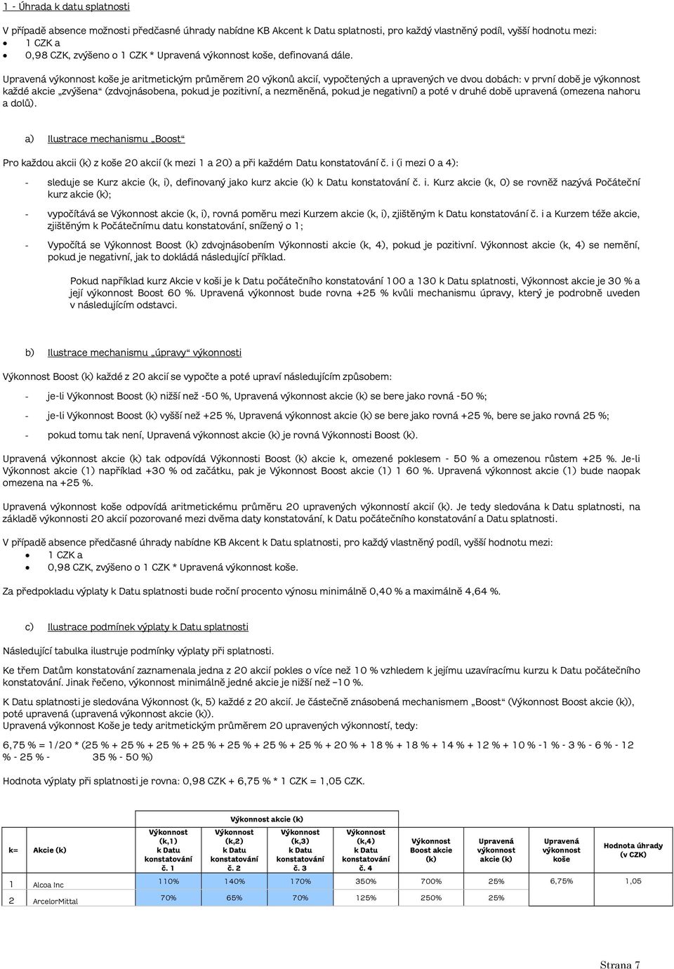 Upravená výkonnost koše je aritmetickým průměrem 20 výkonů akcií, vypočtených a upravených ve dvou dobách: v první době je výkonnost každé akcie zvýšena (zdvojnásobena, pokud je pozitivní, a