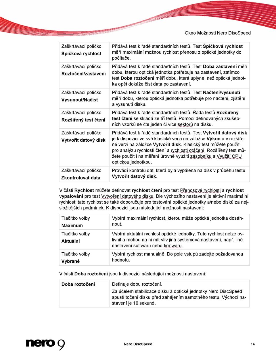 Test Doba zastavení měří dobu, kterou optická jednotka potřebuje na zastavení, zatímco test Doba roztočení měří dobu, která uplyne, než optická jednotka opět dokáže číst data po zastavení.