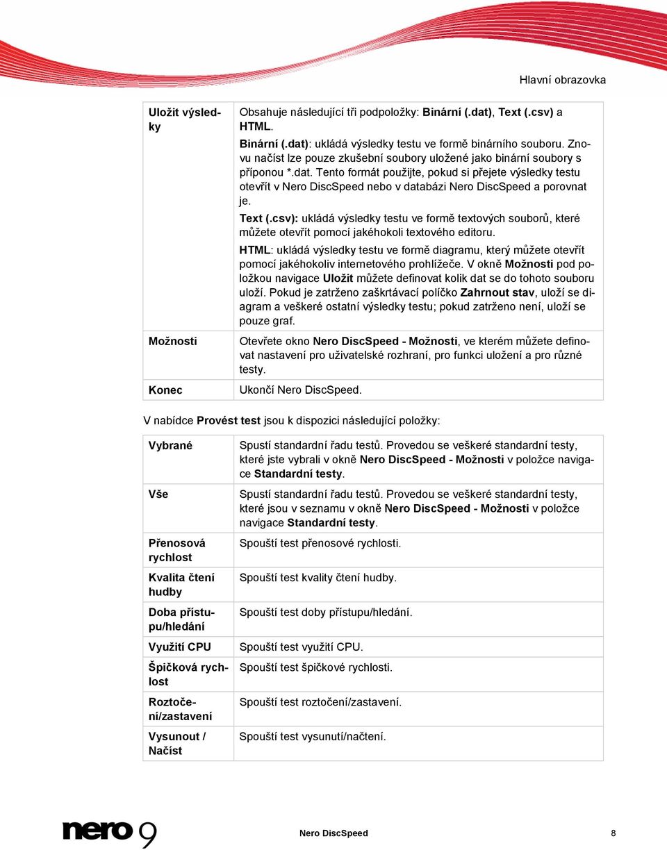 Tento formát použijte, pokud si přejete výsledky testu otevřít v Nero DiscSpeed nebo v databázi Nero DiscSpeed a porovnat je. Text (.