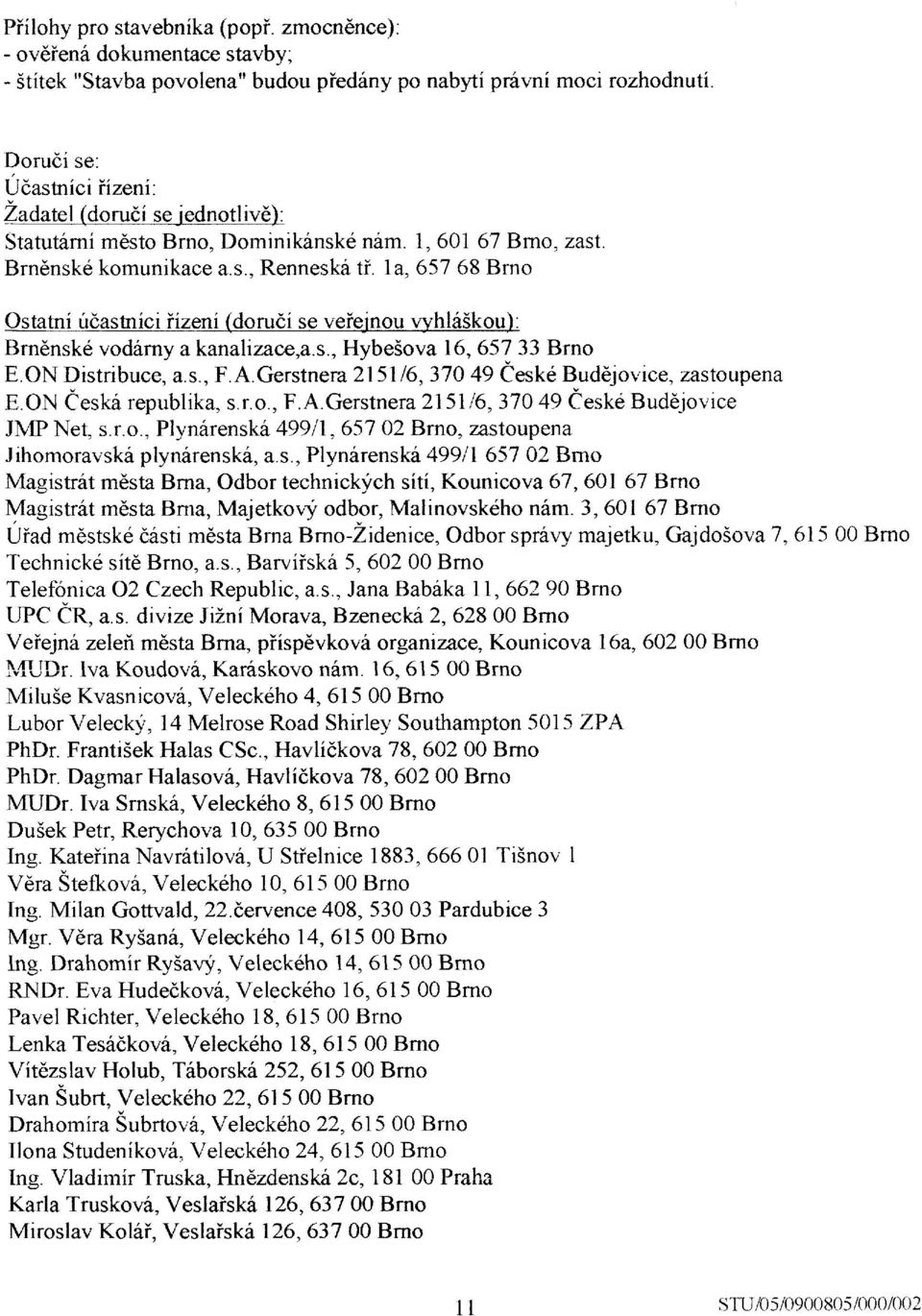 1a, 65768 Brno Ostatni udasnrici iizeni Ldoruci se veiejnou v.vhl6ikou): Brnenskd vodlrny a kanalizace,a.s., HybeSova 16, 65733 Brno E ON Distribuce, a.s., F.A.