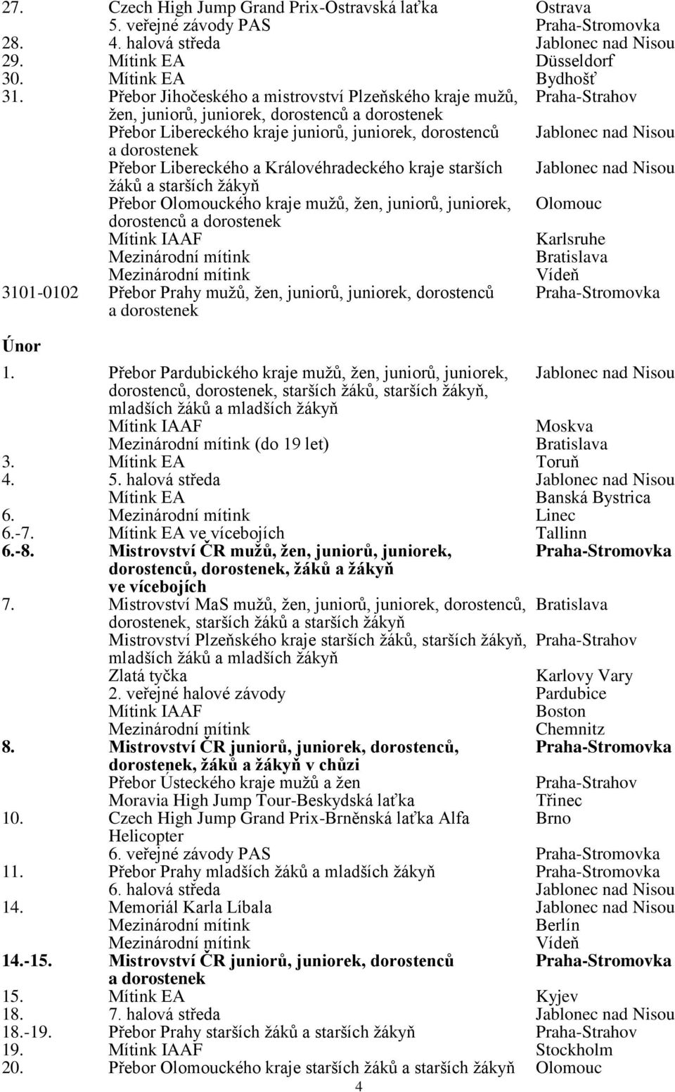 dorostenek Přebor Libereckého a Královéhradeckého kraje starších Jablonec nad Nisou žáků a starších žákyň Přebor Olomouckého kraje mužů, žen, juniorů, juniorek, Olomouc dorostenců a dorostenek Mítink