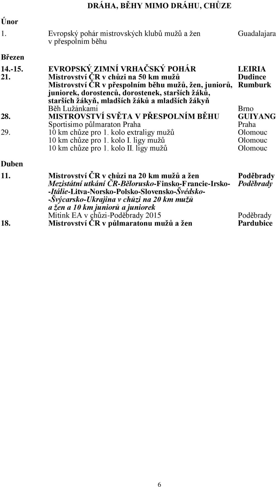 žákyň Běh Lužánkami Brno 28. MISTROVSTVÍ SVĚTA V PŘESPOLNÍM BĚHU GUIYANG Sportisimo půlmaraton Praha Praha 29. 10 km chůze pro 1. kolo extraligy mužů Olomouc 10 km chůze pro 1. kolo I.