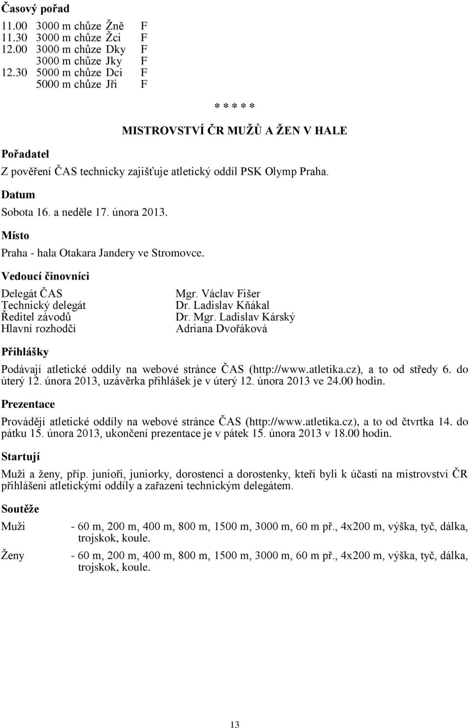 Praha - hala Otakara Jandery ve Stromovce. Vedoucí činovníci Delegát ČAS Technický delegát Ředitel závodů Hlavní rozhodčí Mgr.