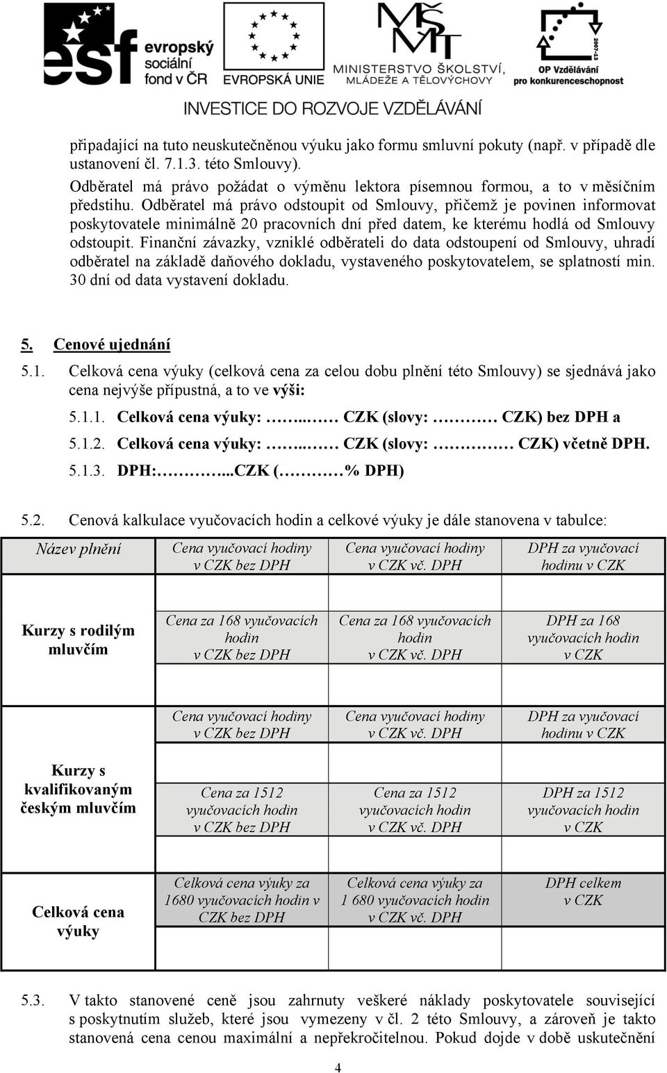 Odběratel má právo odstoupit od Smlouvy, přičemž je povinen informovat poskytovatele minimálně 20 pracovních dní před datem, ke kterému hodlá od Smlouvy odstoupit.