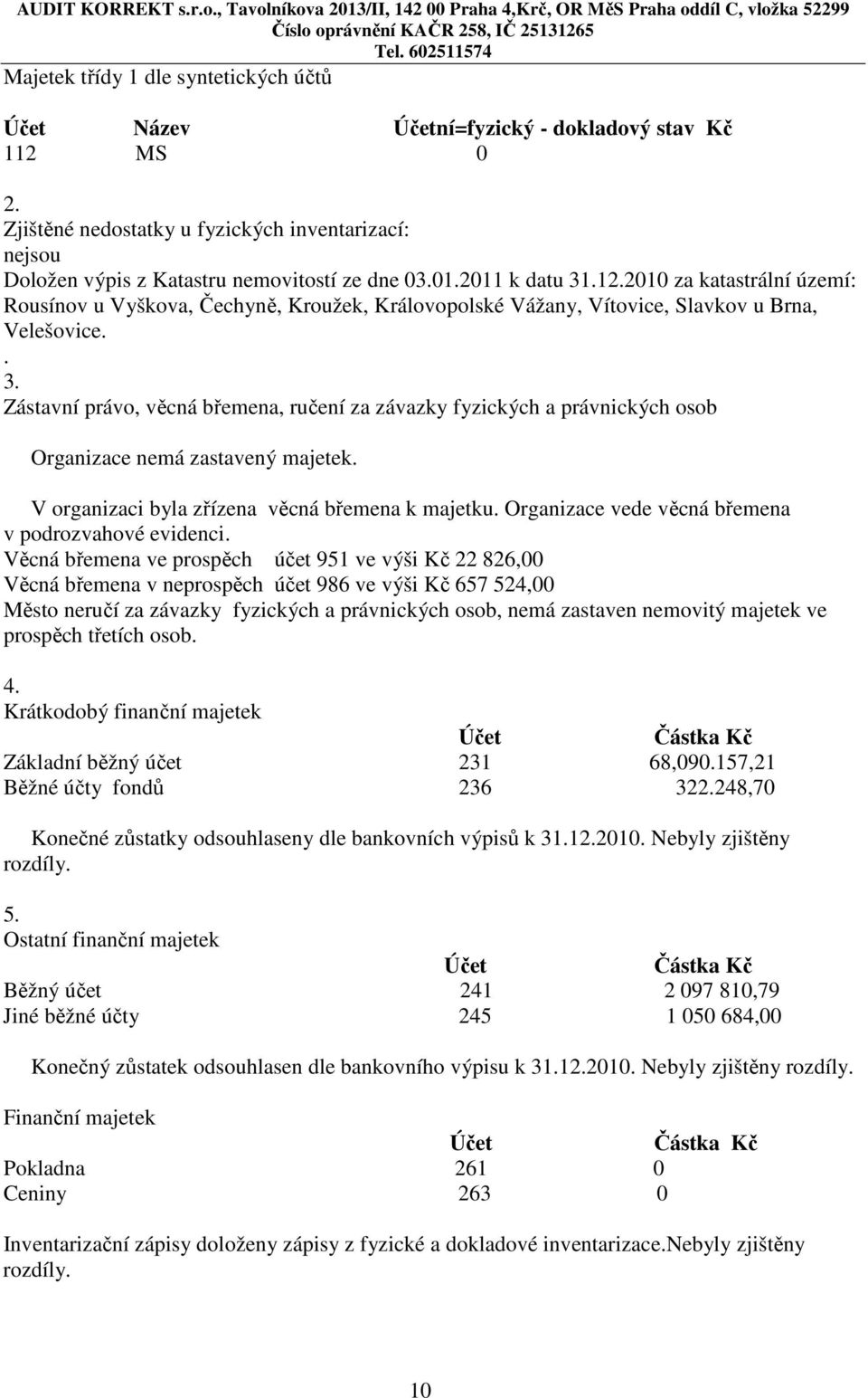 V organizaci byla zřízena věcná břemena k majetku. Organizace vede věcná břemena v podrozvahové evidenci.